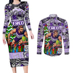 Custom Freo Rugby Merry Christmas Couples Matching Long Sleeve Bodycon Dress and Long Sleeve Button Shirt Indigenous Australian Art