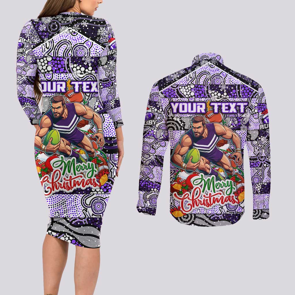 Custom Freo Rugby Merry Christmas Couples Matching Long Sleeve Bodycon Dress and Long Sleeve Button Shirt Indigenous Australian Art