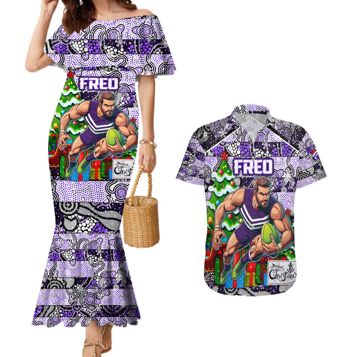 Custom Freo Rugby Merry Christmas Couples Matching Mermaid Dress and Hawaiian Shirt Indigenous Australian Art
