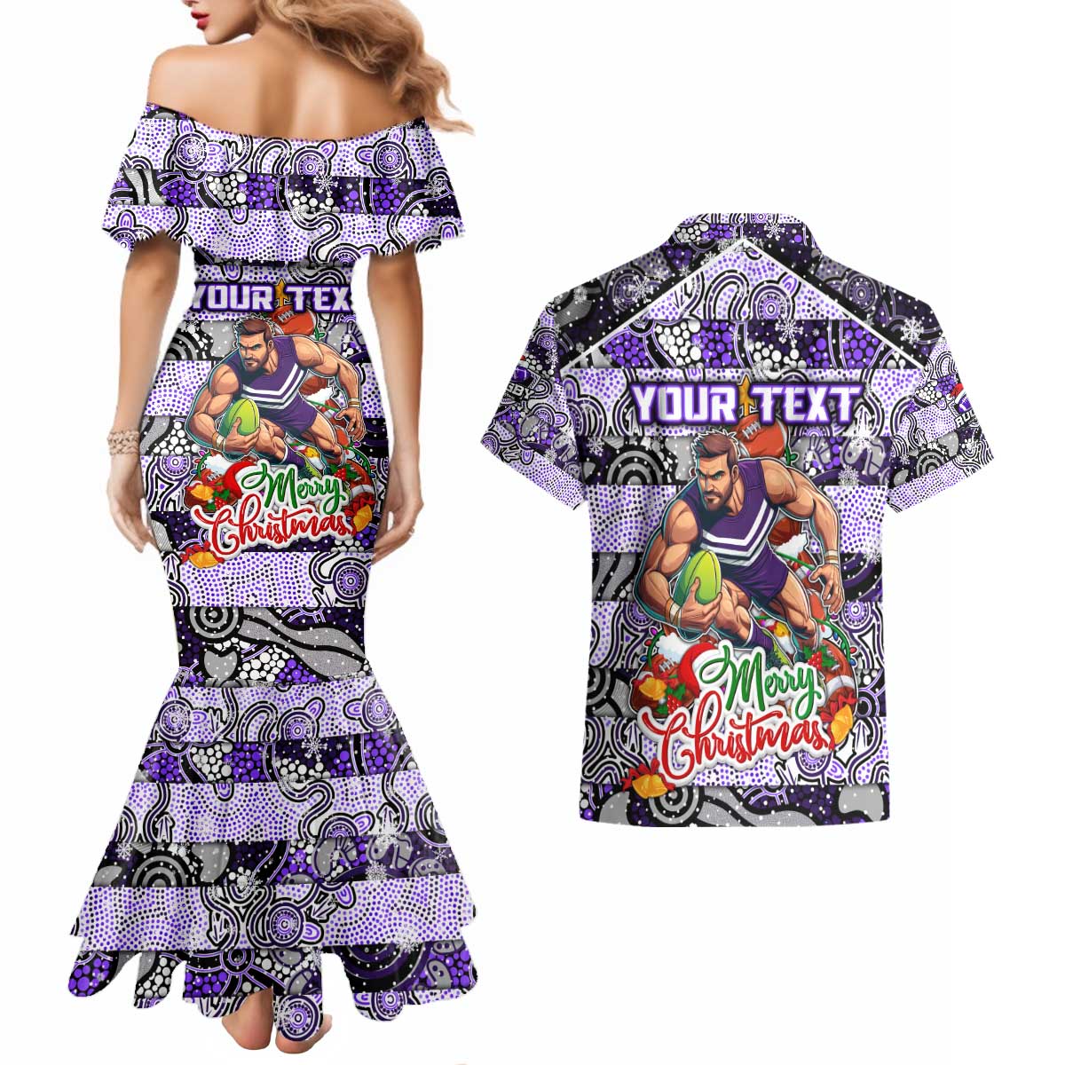 Custom Freo Rugby Merry Christmas Couples Matching Mermaid Dress and Hawaiian Shirt Indigenous Australian Art