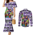 Custom Freo Rugby Merry Christmas Couples Matching Mermaid Dress and Long Sleeve Button Shirt Indigenous Australian Art