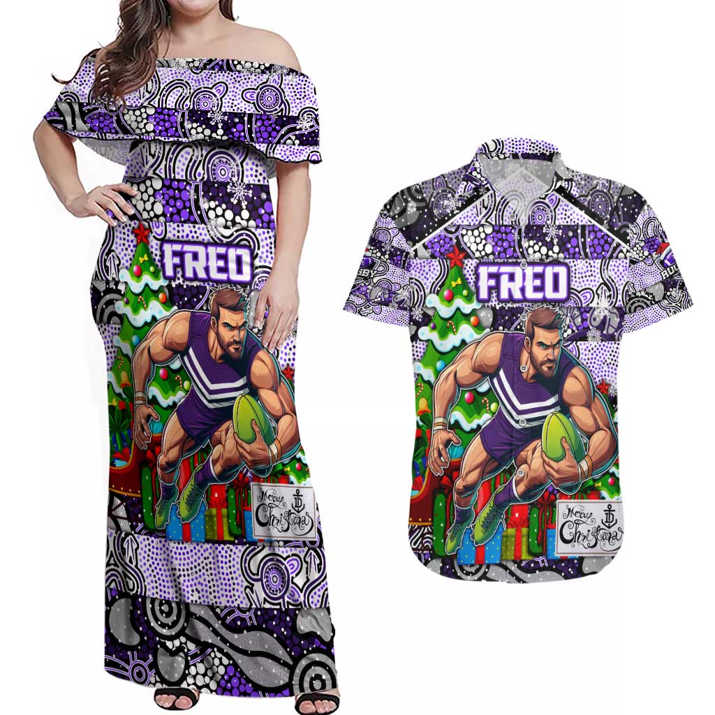 Custom Freo Rugby Merry Christmas Couples Matching Off Shoulder Maxi Dress and Hawaiian Shirt Indigenous Australian Art