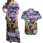 Custom Freo Rugby Merry Christmas Couples Matching Off Shoulder Maxi Dress and Hawaiian Shirt Indigenous Australian Art