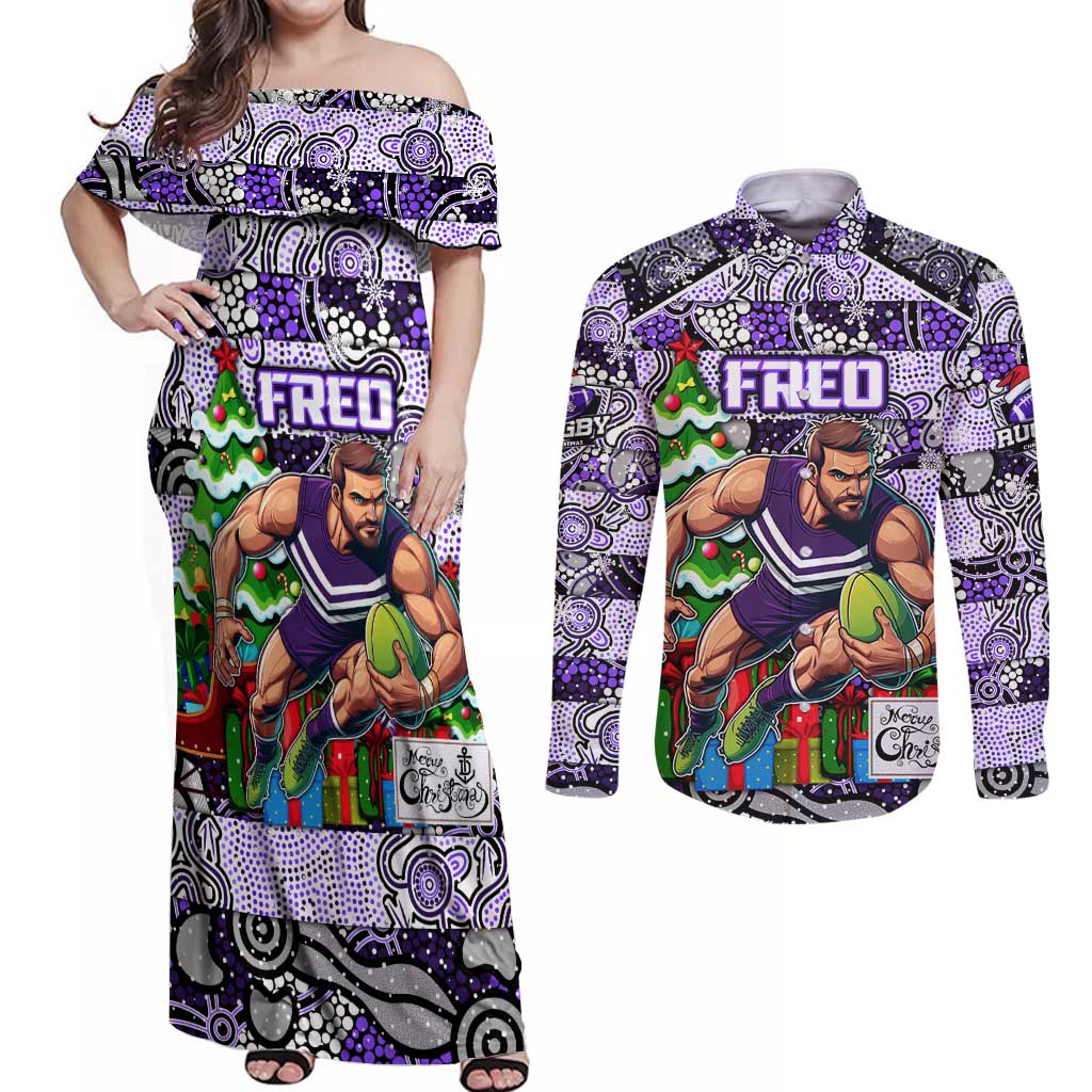 Custom Freo Rugby Merry Christmas Couples Matching Off Shoulder Maxi Dress and Long Sleeve Button Shirt Indigenous Australian Art