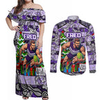 Custom Freo Rugby Merry Christmas Couples Matching Off Shoulder Maxi Dress and Long Sleeve Button Shirt Indigenous Australian Art