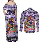Custom Freo Rugby Merry Christmas Couples Matching Off Shoulder Maxi Dress and Long Sleeve Button Shirt Indigenous Australian Art
