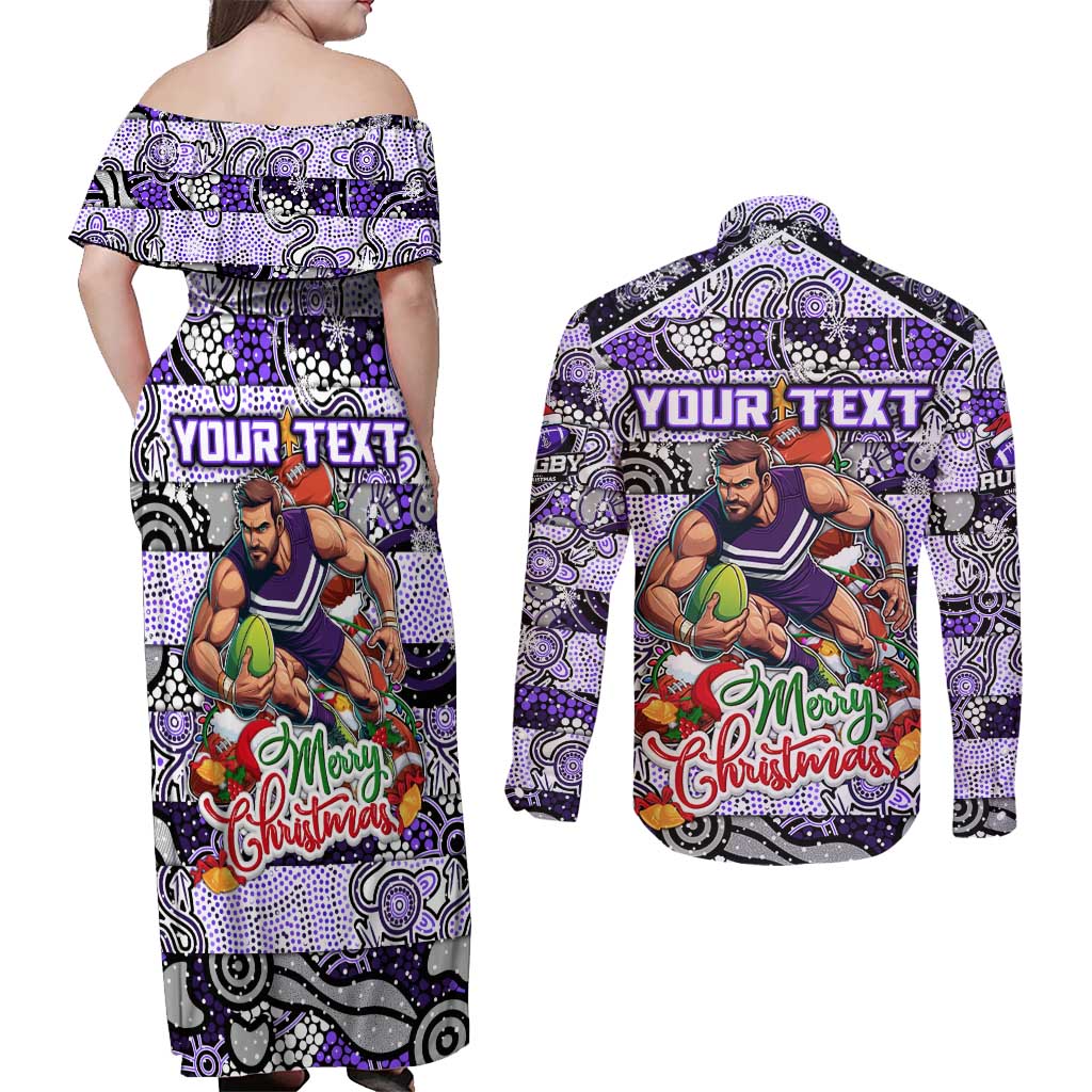 Custom Freo Rugby Merry Christmas Couples Matching Off Shoulder Maxi Dress and Long Sleeve Button Shirt Indigenous Australian Art