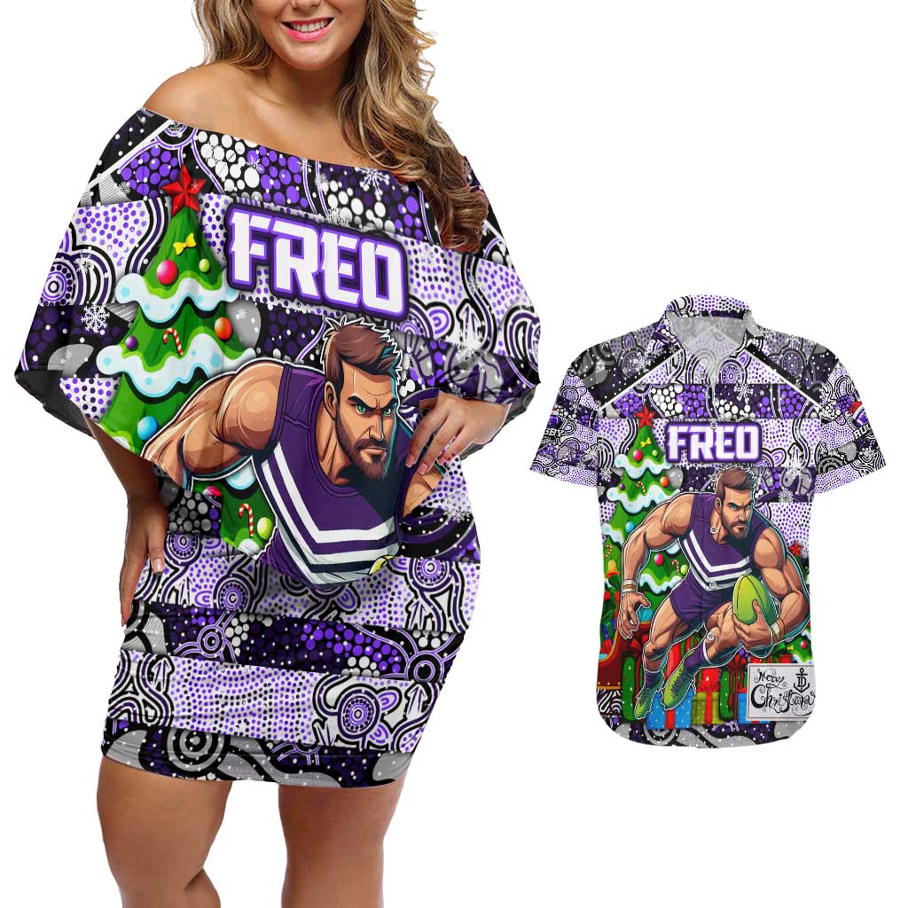 Custom Freo Rugby Merry Christmas Couples Matching Off Shoulder Short Dress and Hawaiian Shirt Indigenous Australian Art