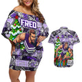 Custom Freo Rugby Merry Christmas Couples Matching Off Shoulder Short Dress and Hawaiian Shirt Indigenous Australian Art