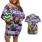 Custom Freo Rugby Merry Christmas Couples Matching Off Shoulder Short Dress and Hawaiian Shirt Indigenous Australian Art