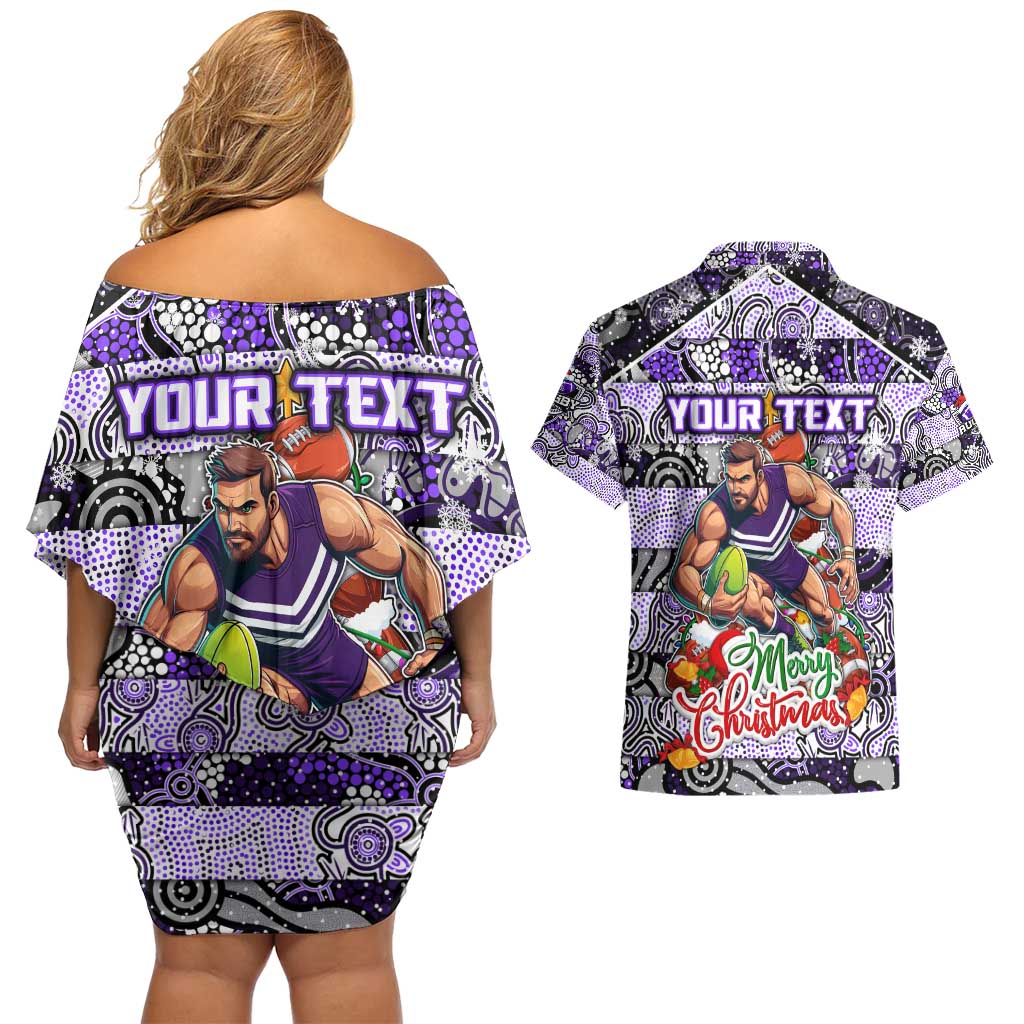 Custom Freo Rugby Merry Christmas Couples Matching Off Shoulder Short Dress and Hawaiian Shirt Indigenous Australian Art