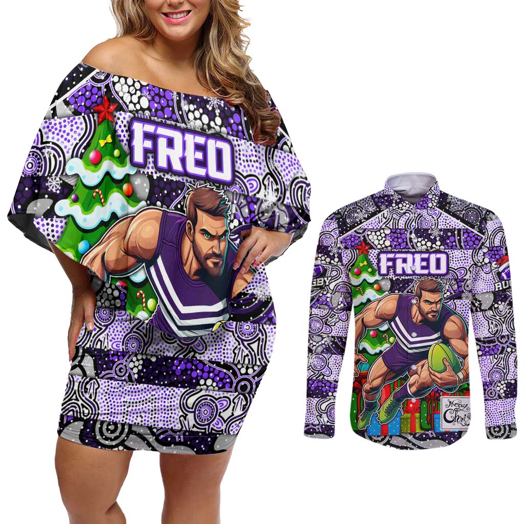 Custom Freo Rugby Merry Christmas Couples Matching Off Shoulder Short Dress and Long Sleeve Button Shirt Indigenous Australian Art