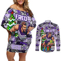 Custom Freo Rugby Merry Christmas Couples Matching Off Shoulder Short Dress and Long Sleeve Button Shirt Indigenous Australian Art
