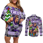 Custom Freo Rugby Merry Christmas Couples Matching Off Shoulder Short Dress and Long Sleeve Button Shirt Indigenous Australian Art