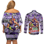 Custom Freo Rugby Merry Christmas Couples Matching Off Shoulder Short Dress and Long Sleeve Button Shirt Indigenous Australian Art