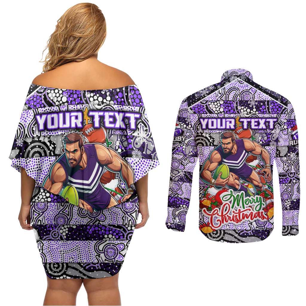 Custom Freo Rugby Merry Christmas Couples Matching Off Shoulder Short Dress and Long Sleeve Button Shirt Indigenous Australian Art