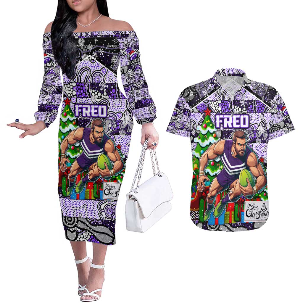 Custom Freo Rugby Merry Christmas Couples Matching Off The Shoulder Long Sleeve Dress and Hawaiian Shirt Indigenous Australian Art