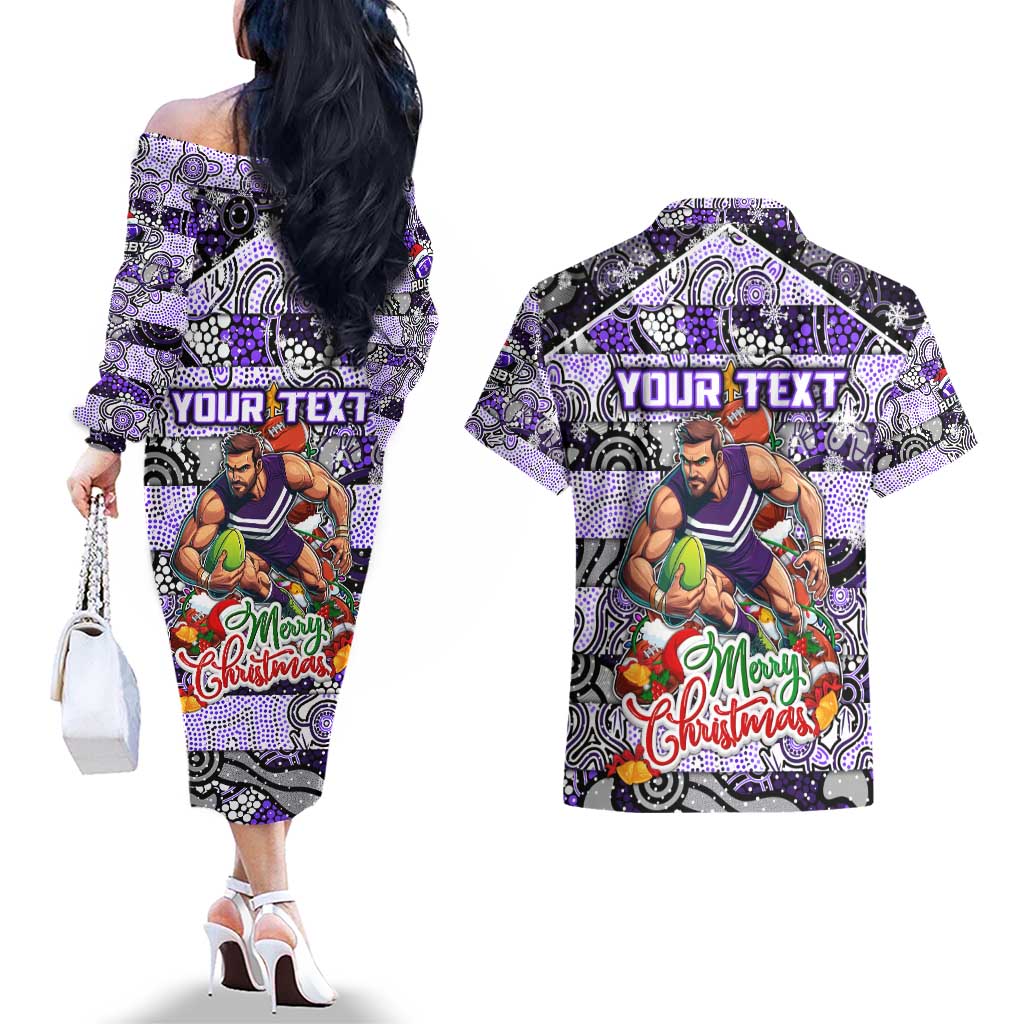Custom Freo Rugby Merry Christmas Couples Matching Off The Shoulder Long Sleeve Dress and Hawaiian Shirt Indigenous Australian Art