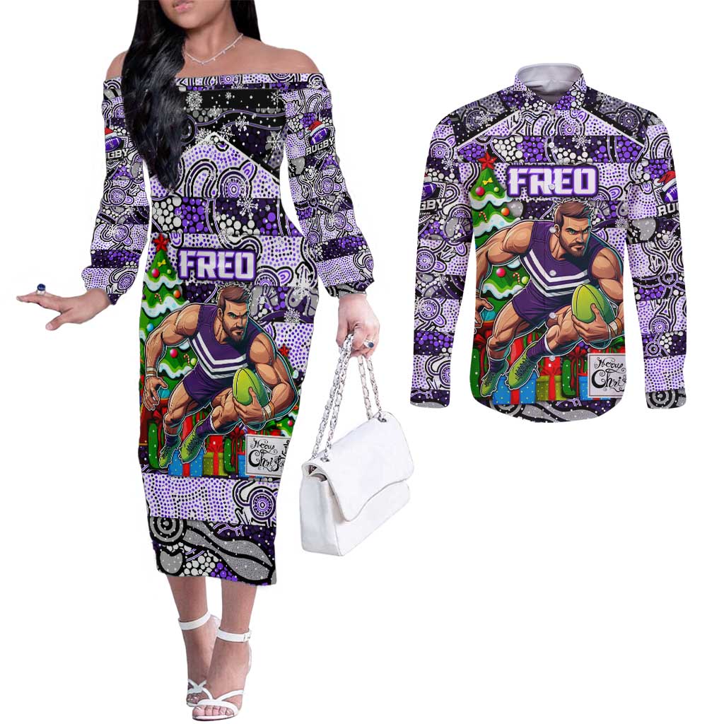 Custom Freo Rugby Merry Christmas Couples Matching Off The Shoulder Long Sleeve Dress and Long Sleeve Button Shirt Indigenous Australian Art