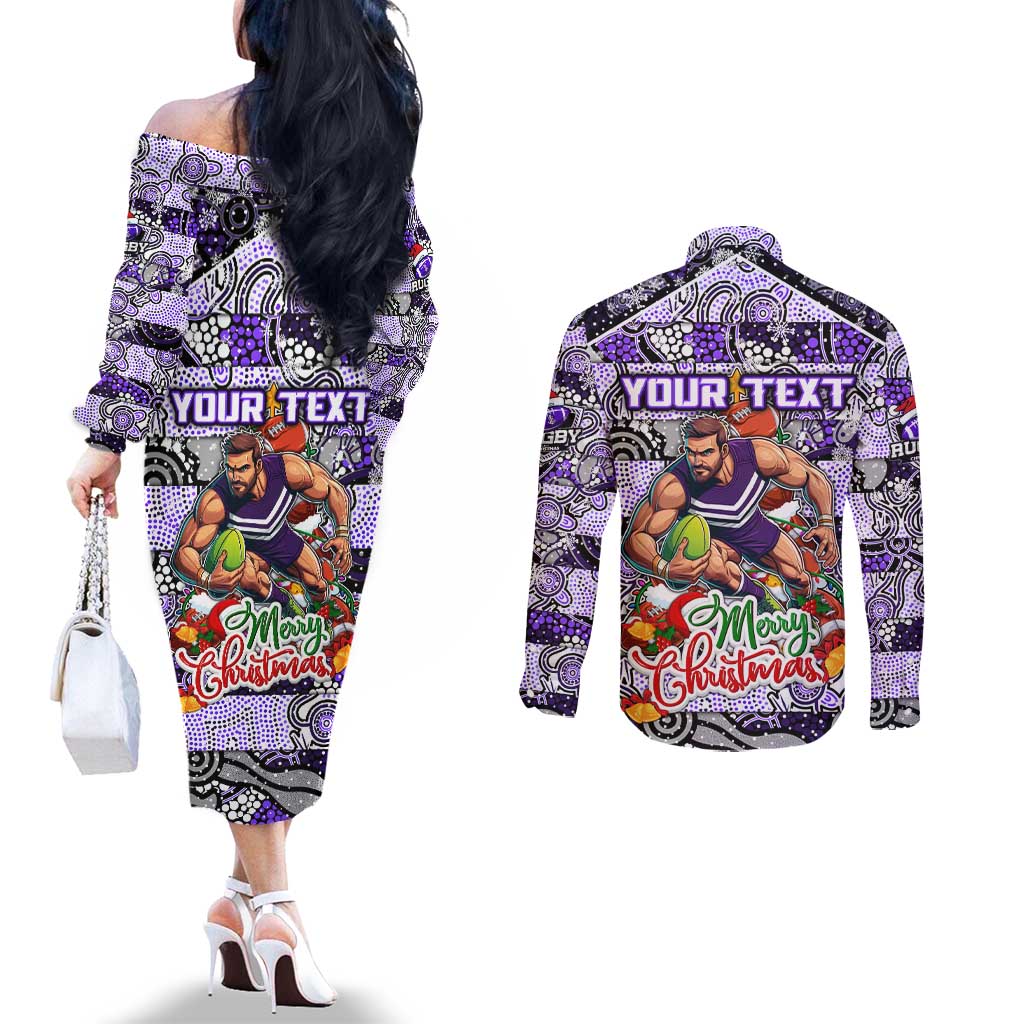 Custom Freo Rugby Merry Christmas Couples Matching Off The Shoulder Long Sleeve Dress and Long Sleeve Button Shirt Indigenous Australian Art