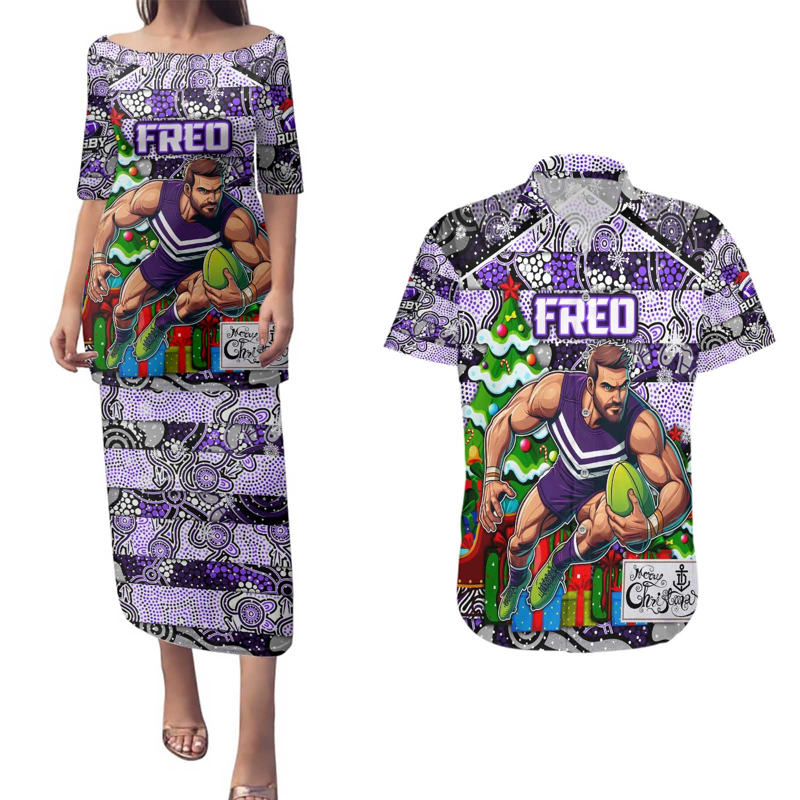 Custom Freo Rugby Merry Christmas Couples Matching Puletasi and Hawaiian Shirt Indigenous Australian Art