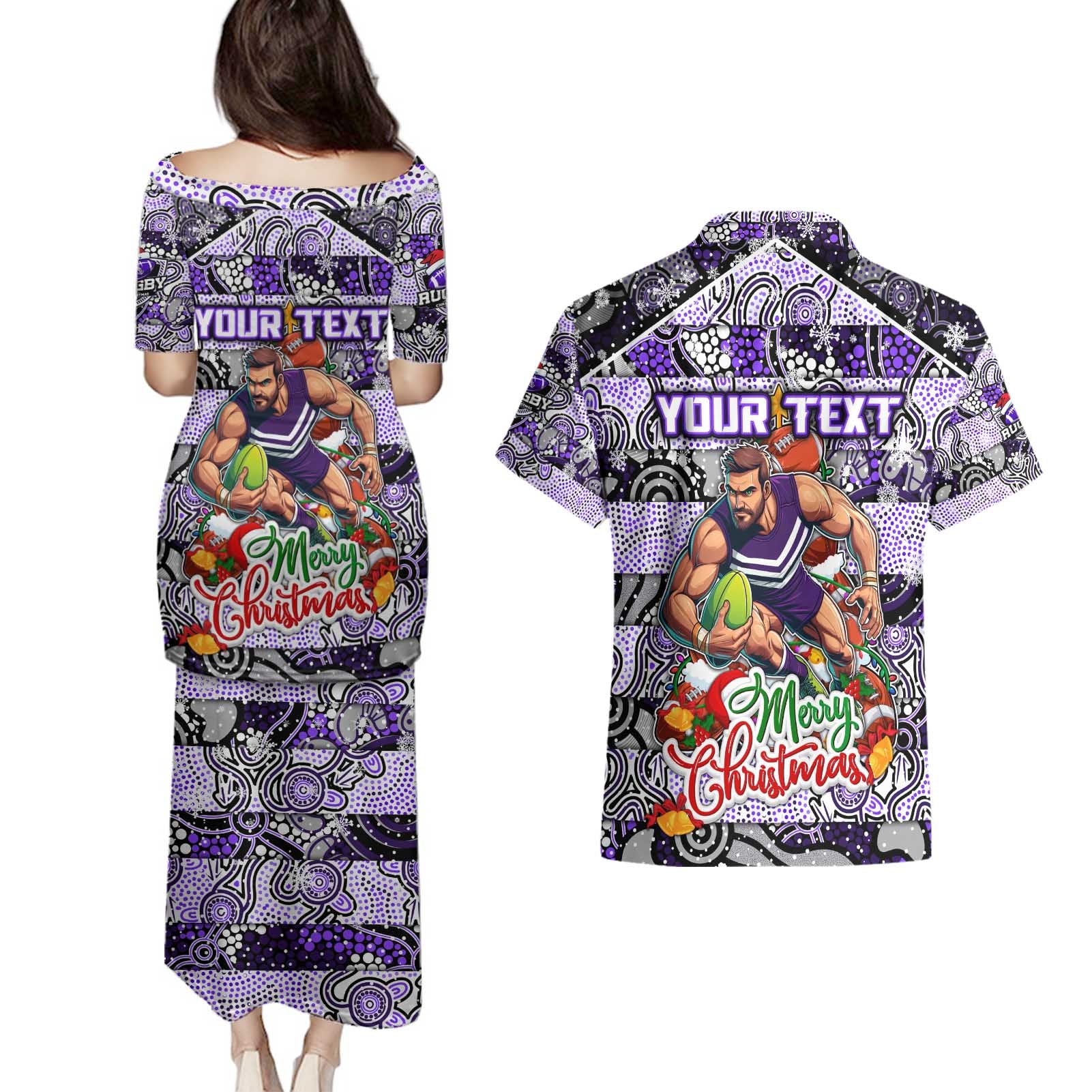Custom Freo Rugby Merry Christmas Couples Matching Puletasi and Hawaiian Shirt Indigenous Australian Art