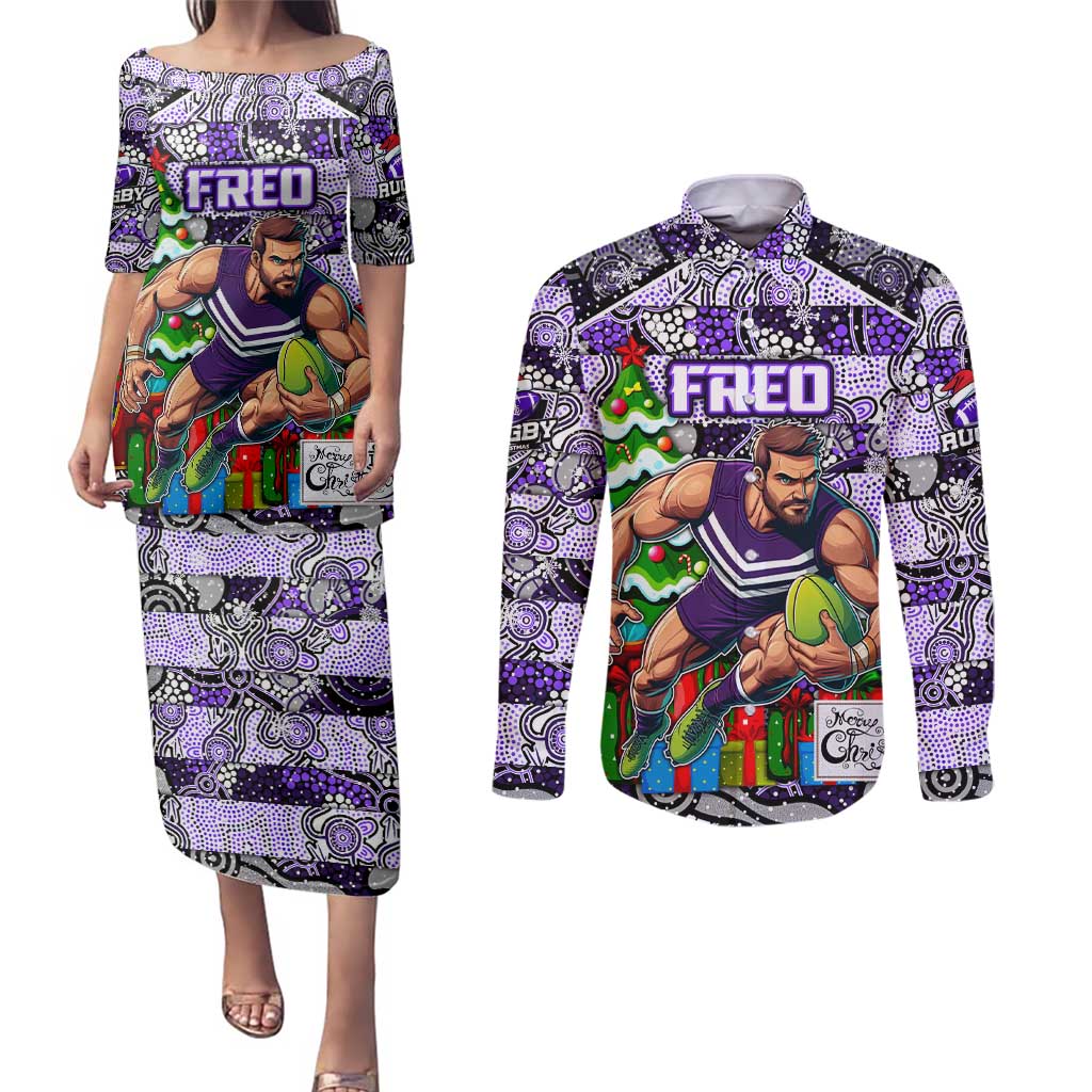 Custom Freo Rugby Merry Christmas Couples Matching Puletasi and Long Sleeve Button Shirt Indigenous Australian Art