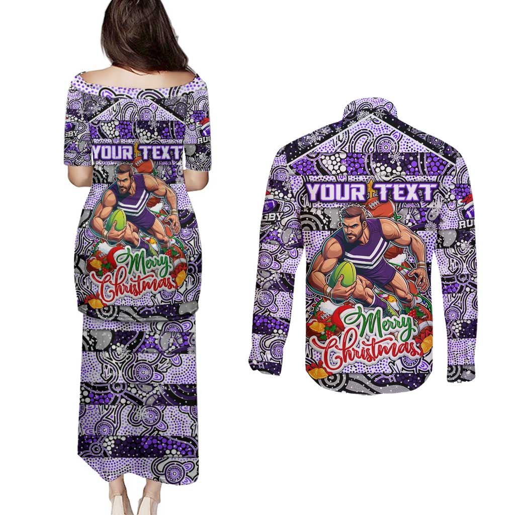 Custom Freo Rugby Merry Christmas Couples Matching Puletasi and Long Sleeve Button Shirt Indigenous Australian Art