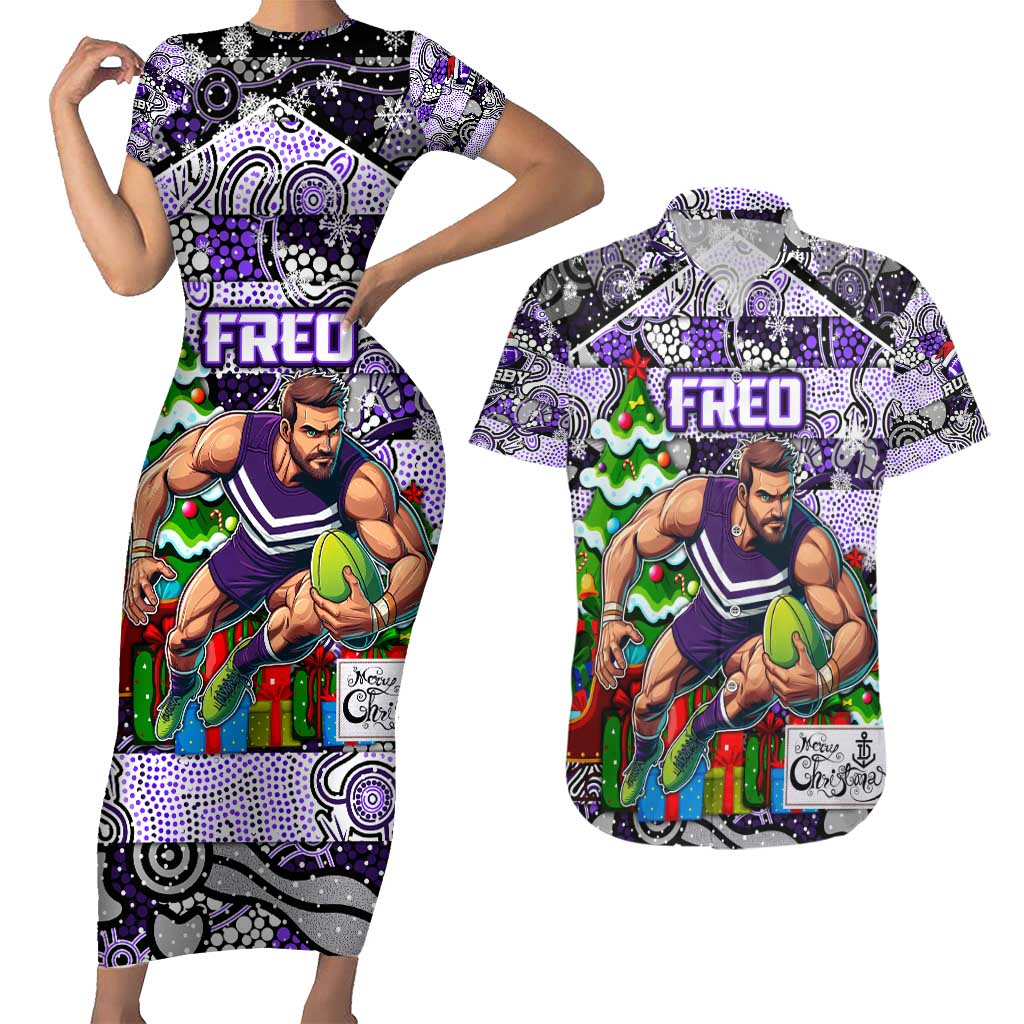 Custom Freo Rugby Merry Christmas Couples Matching Short Sleeve Bodycon Dress and Hawaiian Shirt Indigenous Australian Art