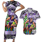 Custom Freo Rugby Merry Christmas Couples Matching Short Sleeve Bodycon Dress and Hawaiian Shirt Indigenous Australian Art
