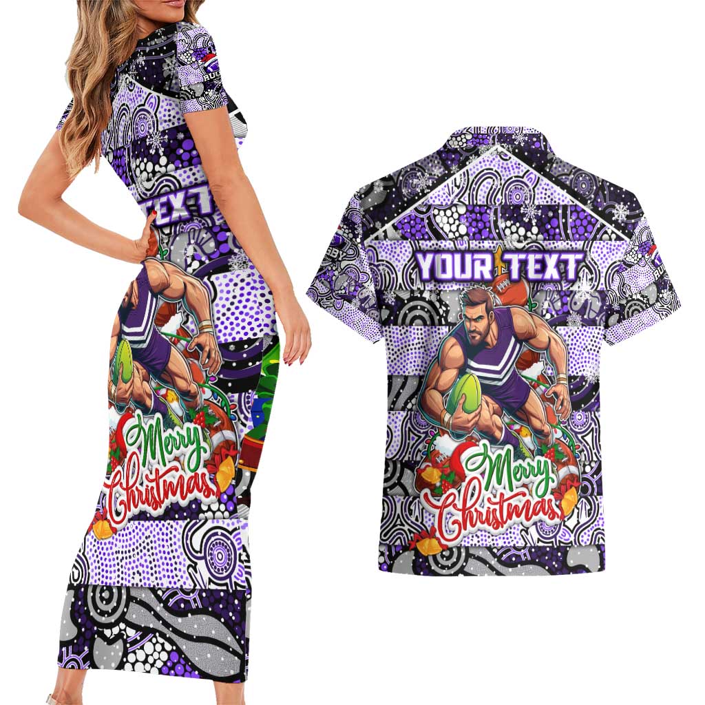 Custom Freo Rugby Merry Christmas Couples Matching Short Sleeve Bodycon Dress and Hawaiian Shirt Indigenous Australian Art