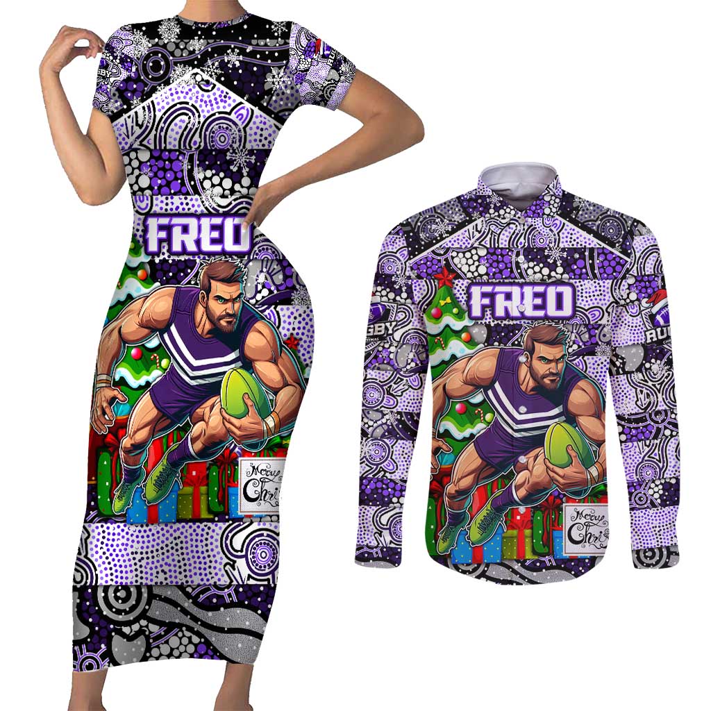 Custom Freo Rugby Merry Christmas Couples Matching Short Sleeve Bodycon Dress and Long Sleeve Button Shirt Indigenous Australian Art