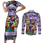 Custom Freo Rugby Merry Christmas Couples Matching Short Sleeve Bodycon Dress and Long Sleeve Button Shirt Indigenous Australian Art