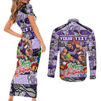 Custom Freo Rugby Merry Christmas Couples Matching Short Sleeve Bodycon Dress and Long Sleeve Button Shirt Indigenous Australian Art