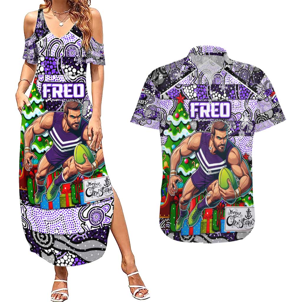 Custom Freo Rugby Merry Christmas Couples Matching Summer Maxi Dress and Hawaiian Shirt Indigenous Australian Art