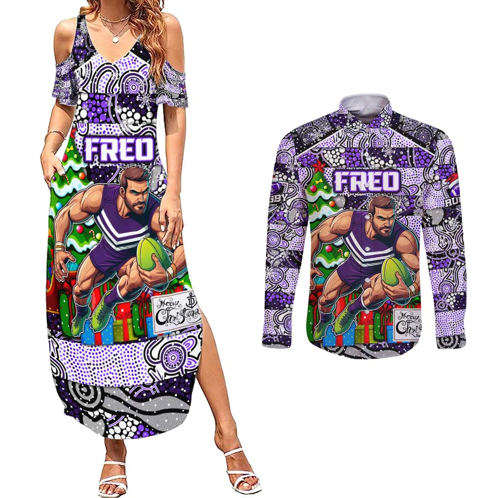 Custom Freo Rugby Merry Christmas Couples Matching Summer Maxi Dress and Long Sleeve Button Shirt Indigenous Australian Art