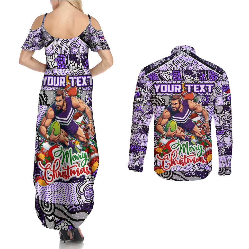 Custom Freo Rugby Merry Christmas Couples Matching Summer Maxi Dress and Long Sleeve Button Shirt Indigenous Australian Art