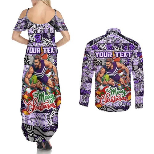 Custom Freo Rugby Merry Christmas Couples Matching Summer Maxi Dress and Long Sleeve Button Shirt Indigenous Australian Art