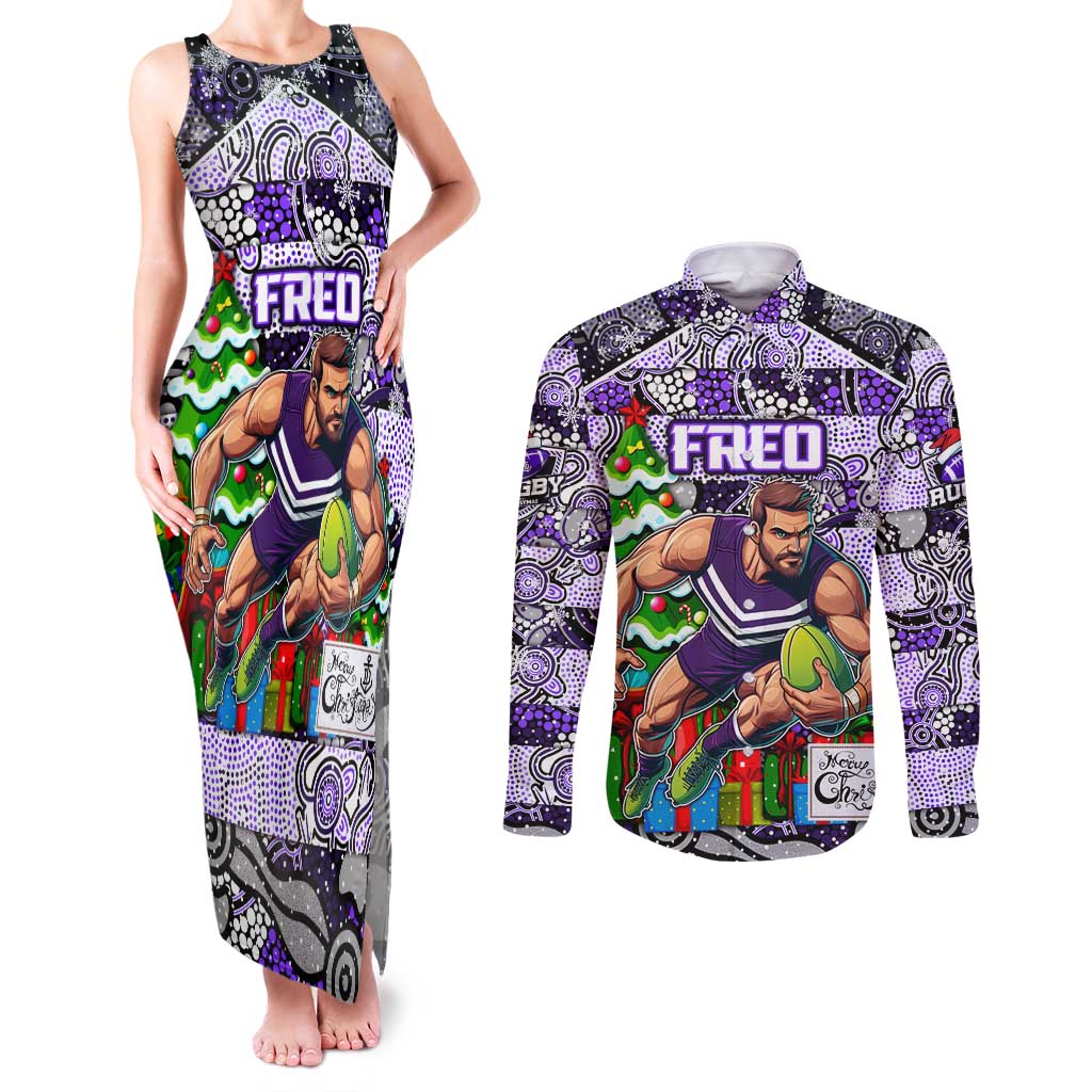 Custom Freo Rugby Merry Christmas Couples Matching Tank Maxi Dress and Long Sleeve Button Shirt Indigenous Australian Art