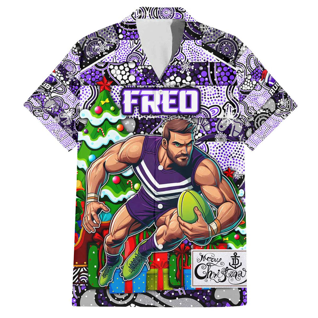 Custom Freo Rugby Merry Christmas Family Matching Off The Shoulder Long Sleeve Dress and Hawaiian Shirt Indigenous Australian Art
