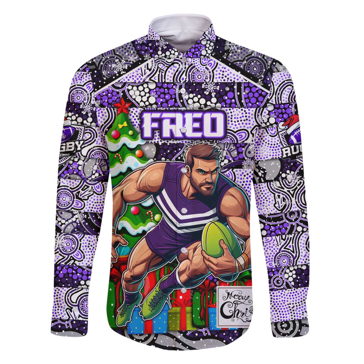 Custom Freo Rugby Merry Christmas Family Matching Off The Shoulder Long Sleeve Dress and Hawaiian Shirt Indigenous Australian Art