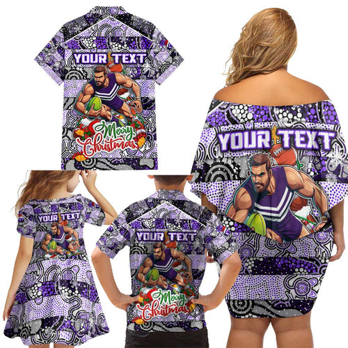 Custom Freo Rugby Merry Christmas Family Matching Off Shoulder Short Dress and Hawaiian Shirt Indigenous Australian Art