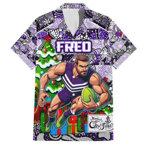 Custom Freo Rugby Merry Christmas Family Matching Off Shoulder Short Dress and Hawaiian Shirt Indigenous Australian Art