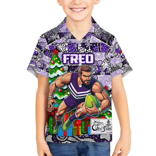 Custom Freo Rugby Merry Christmas Family Matching Off Shoulder Short Dress and Hawaiian Shirt Indigenous Australian Art
