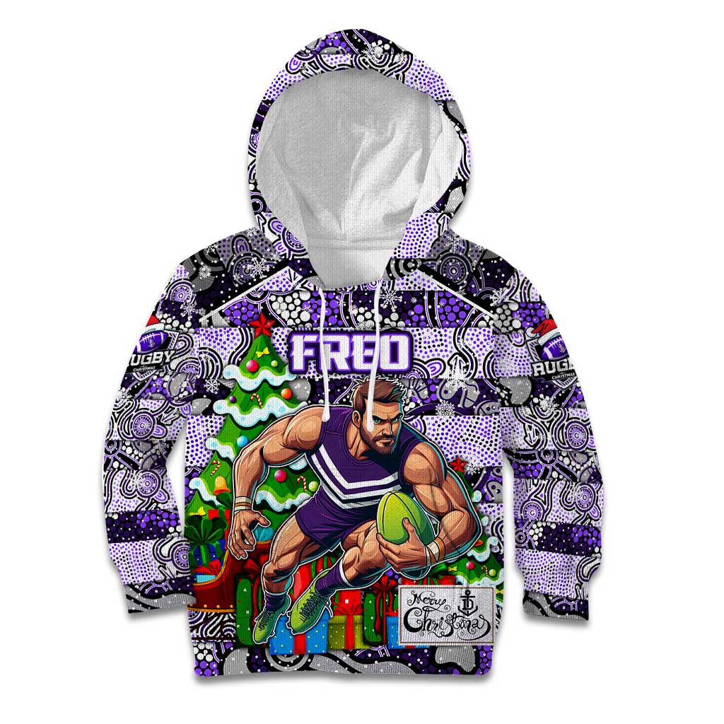 Custom Freo Rugby Merry Christmas Kid Hoodie Indigenous Australian Art