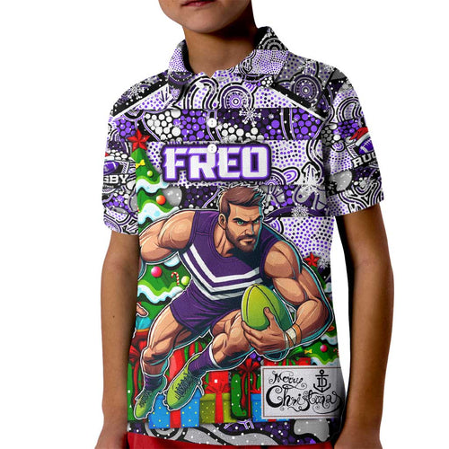 Custom Freo Rugby Merry Christmas Kid Polo Shirt Indigenous Australian Art