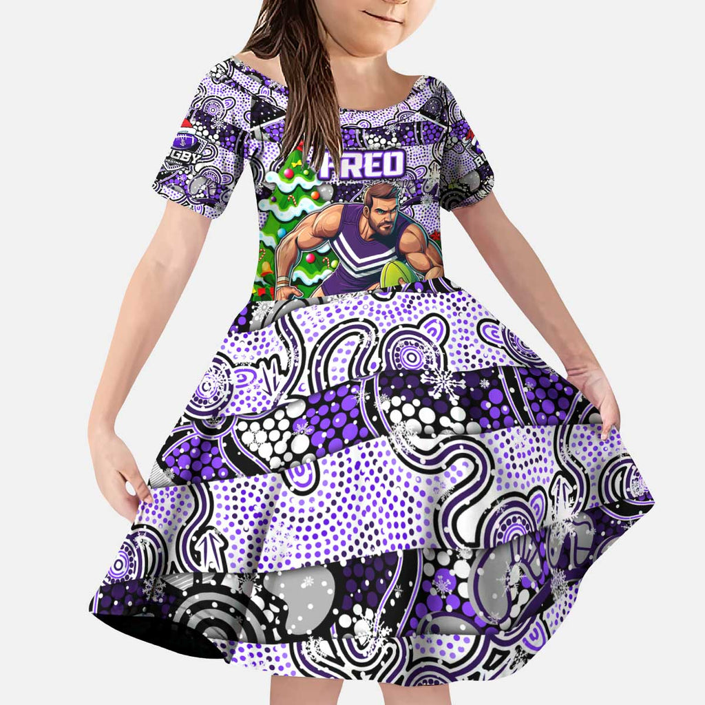 Custom Freo Rugby Merry Christmas Kid Short Sleeve Dress Indigenous Australian Art