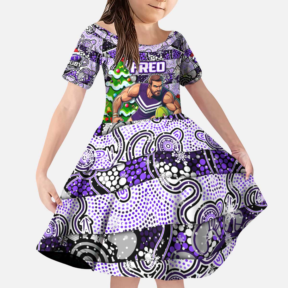 Custom Freo Rugby Merry Christmas Kid Short Sleeve Dress Indigenous Australian Art