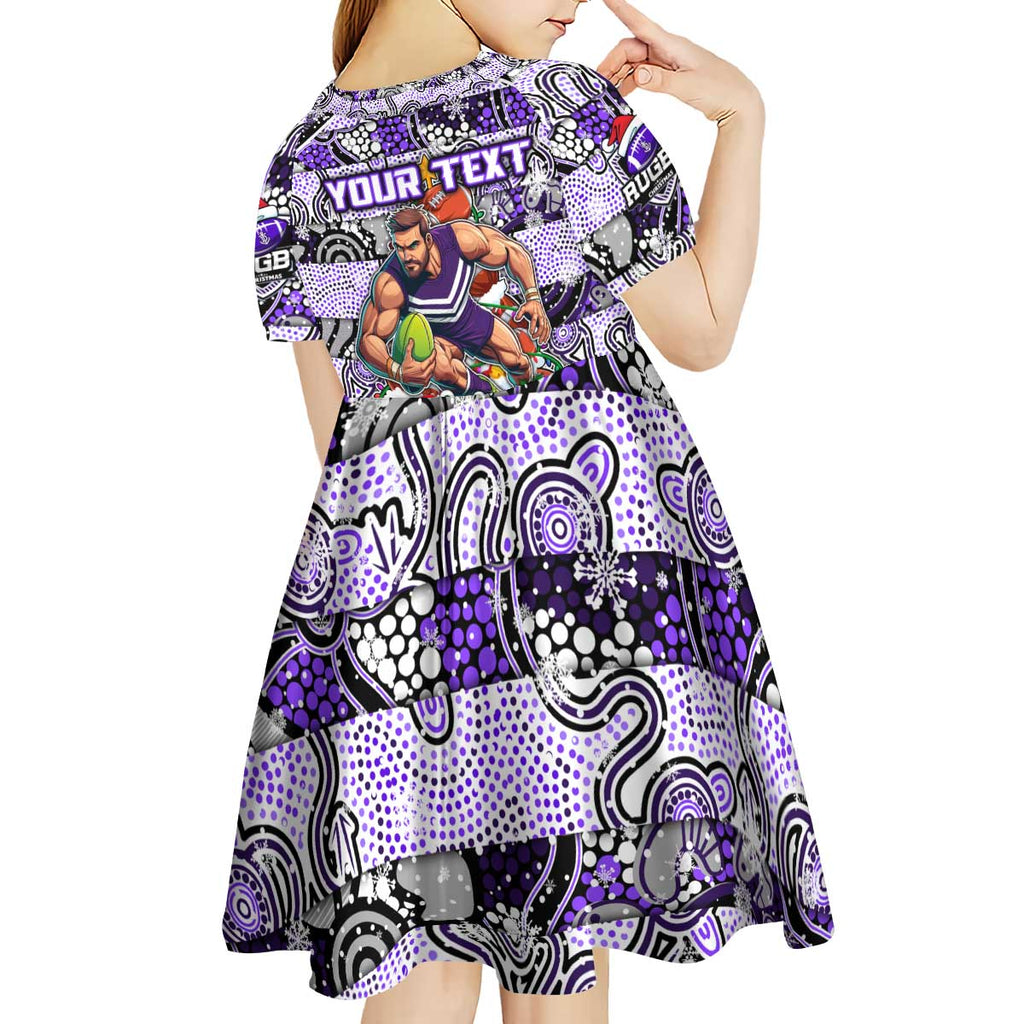 Custom Freo Rugby Merry Christmas Kid Short Sleeve Dress Indigenous Australian Art