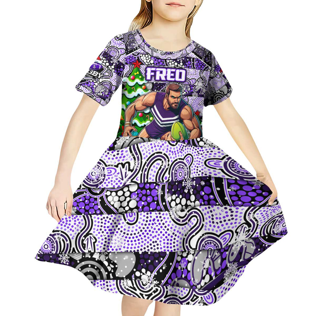 Custom Freo Rugby Merry Christmas Kid Short Sleeve Dress Indigenous Australian Art